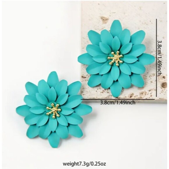 New 1.5" BLUE Flower Gold Center Earrings - Picture 2 of 3